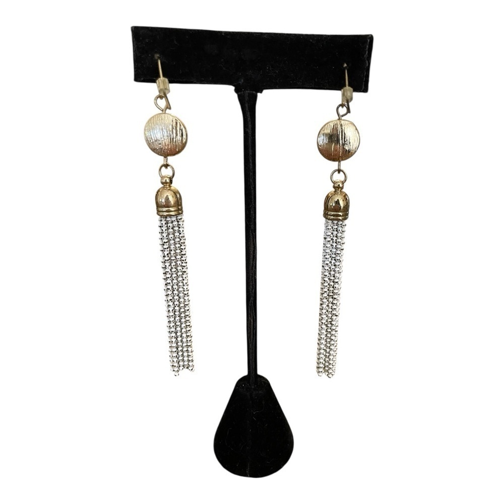White House Black Market Gold Tassel White Dangle Earrings Minimalist Classic - Picture 5 of 6